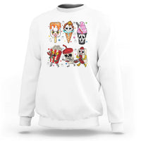 White crewneck sweatshirt with colorful horror Halloween graphic on chest