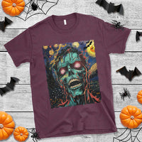 Maroon Halloween T-shirt with colorful skull graphic on front