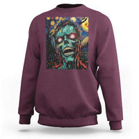 Maroon horror Halloween sweatshirt with colorful screaming skull front graphic