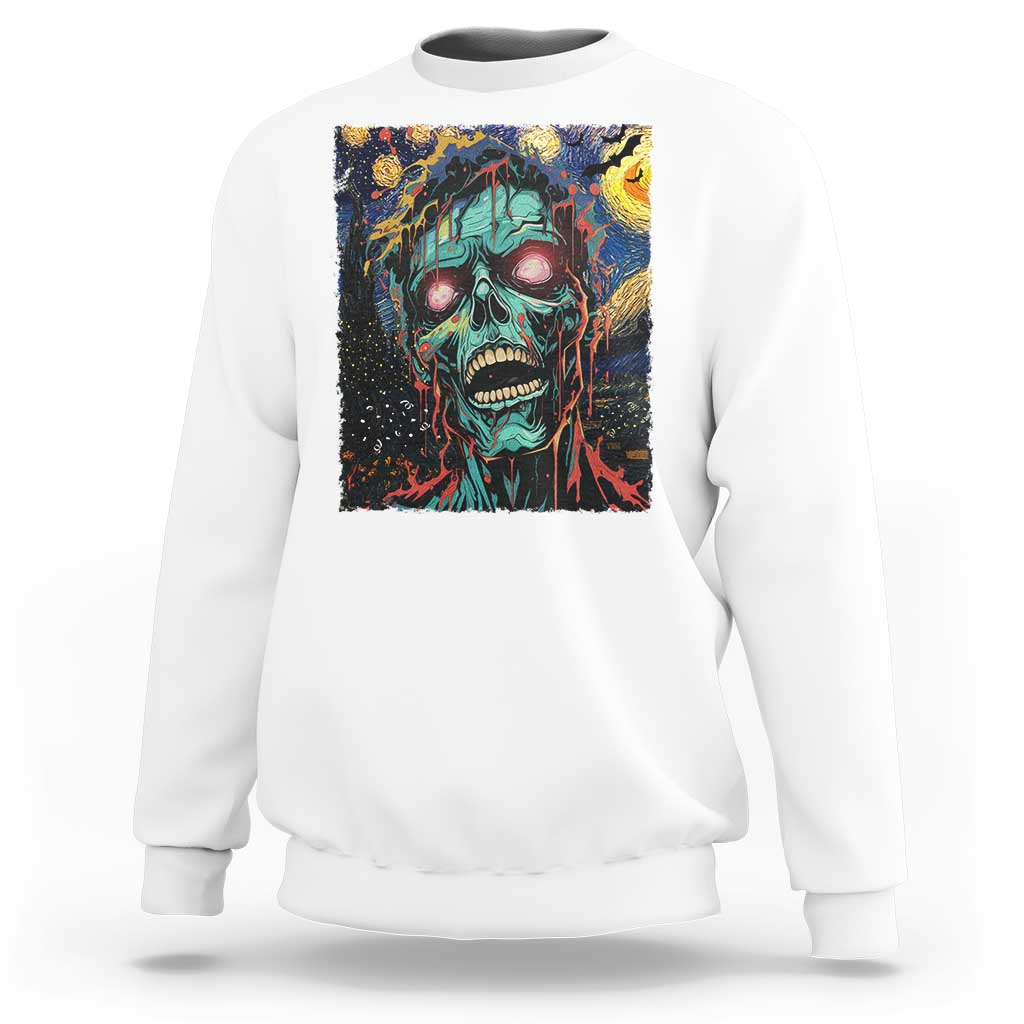 White horror Halloween sweatshirt with colorful screaming skull front graphic