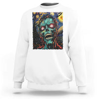 White horror Halloween sweatshirt with colorful screaming skull front graphic