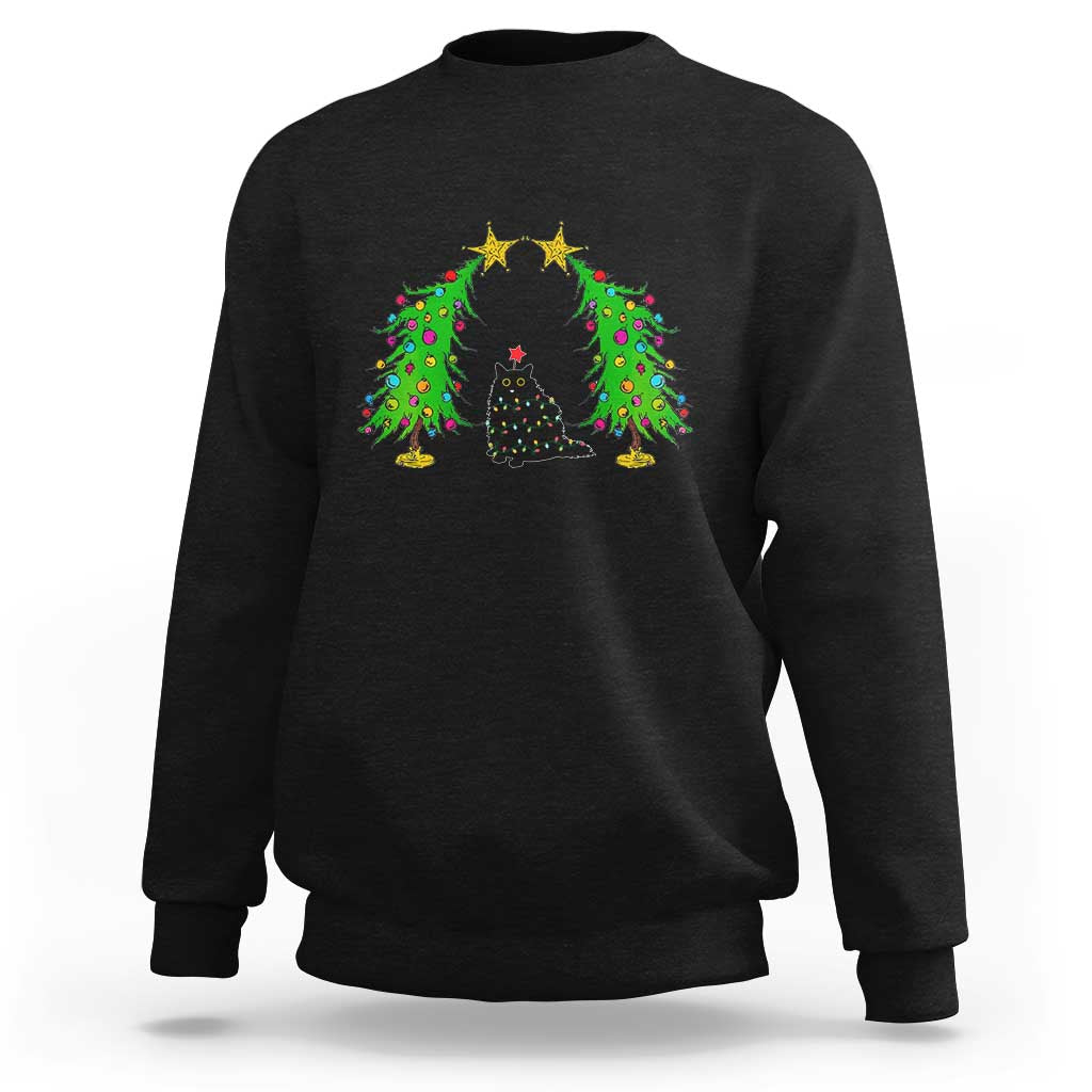 Black crewneck sweatshirt with cat in wreath of Christmas lights graphic