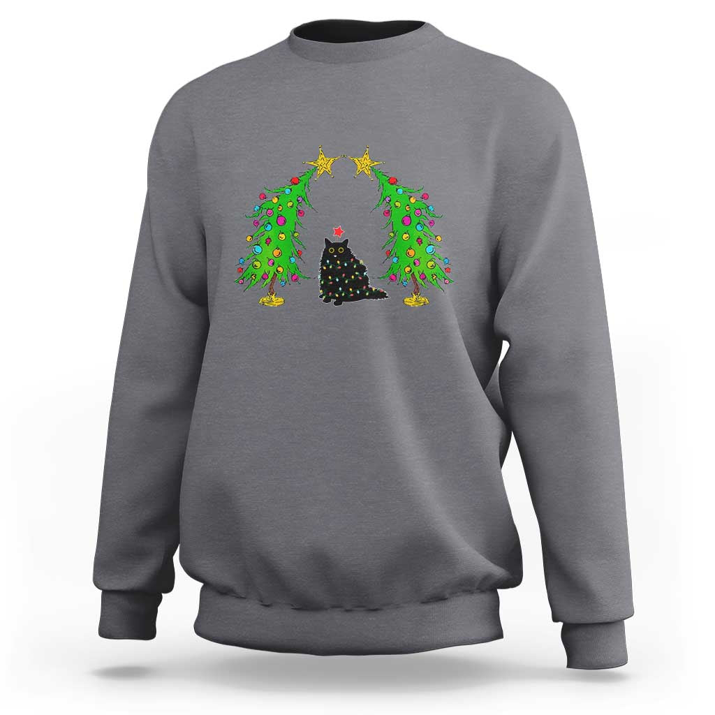Gray heather crewneck sweatshirt with cat in wreath of Christmas lights graphic