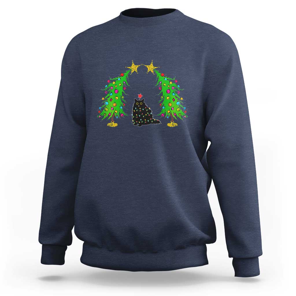 Navy crewneck sweatshirt with cat in wreath of Christmas lights graphic