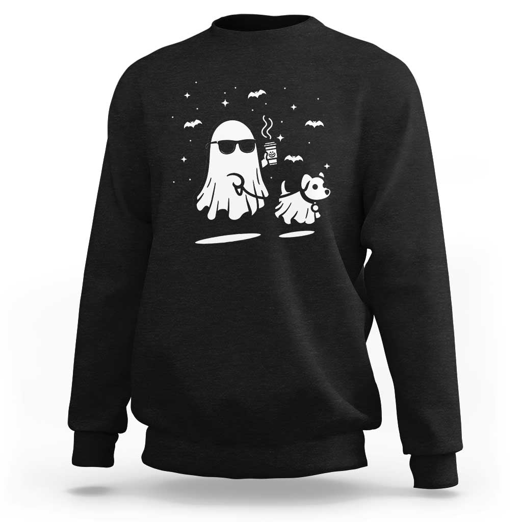 Black crewneck sweatshirt with white ghost and dog graphic, long sleeves