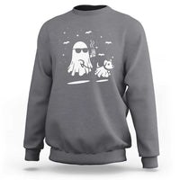 Light gray crewneck sweatshirt with white ghost and dog graphic, long sleeves