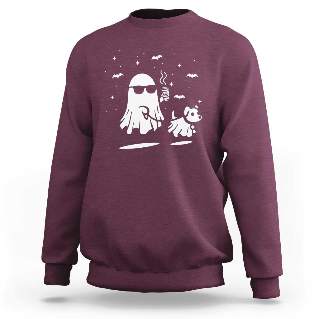 Maroon crewneck sweatshirt with white ghost and dog graphic, long sleeves