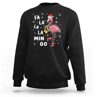 Black sweatshirt with flamingo holiday graphic and 'FA LA LA MIN GO' text