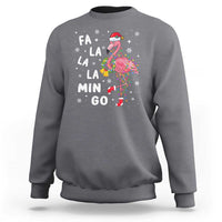 Charcoal gray sweatshirt with flamingo holiday graphic and 'FA LA LA MIN GO' text