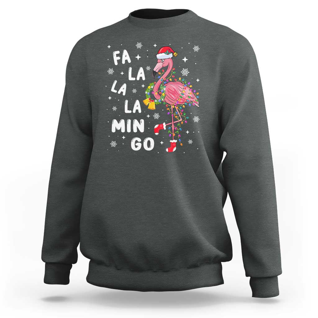 Dark heather gray sweatshirt with flamingo holiday graphic and 'FA LA LA MIN GO' text