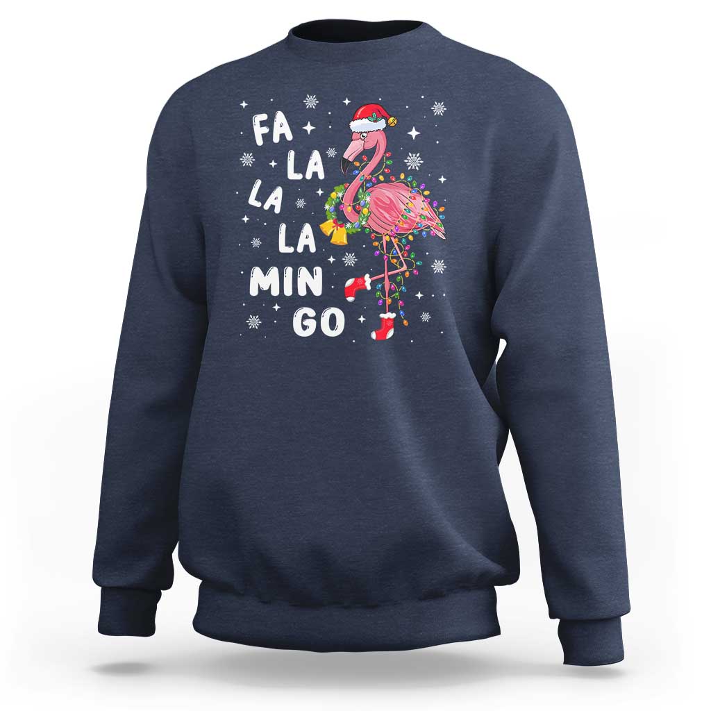 Navy sweatshirt with flamingo holiday graphic and 'FA LA LA MIN GO' text