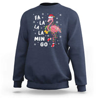 Navy sweatshirt with flamingo holiday graphic and 'FA LA LA MIN GO' text