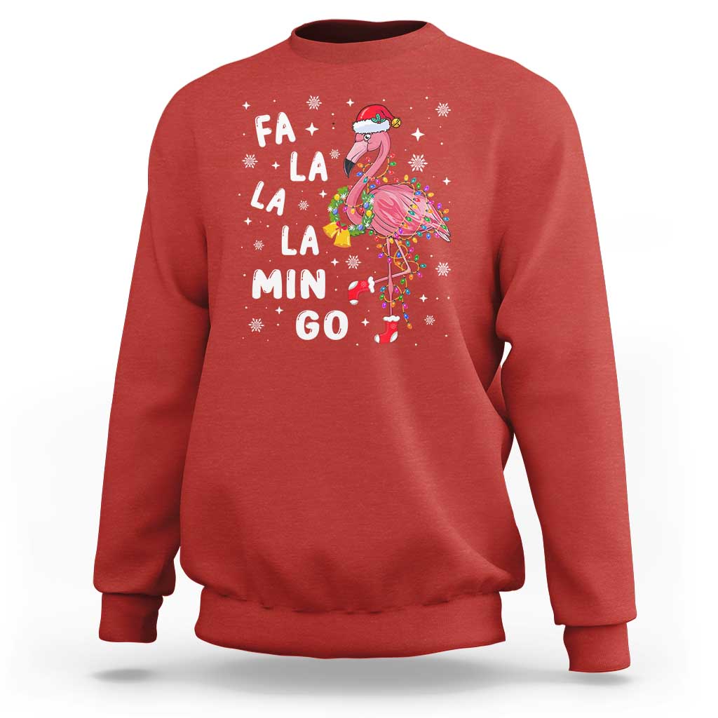 Red sweatshirt with flamingo holiday graphic and 'FA LA LA MIN GO' text
