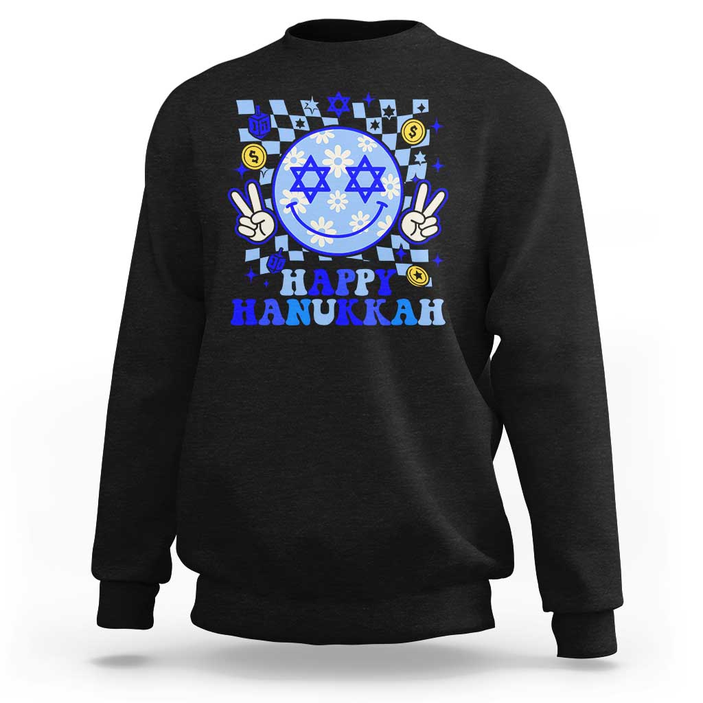 Happy Hanukkah Sweatshirt Groovy Star Of David Smile Face Chanukah Pajama - Wonder Print Shop