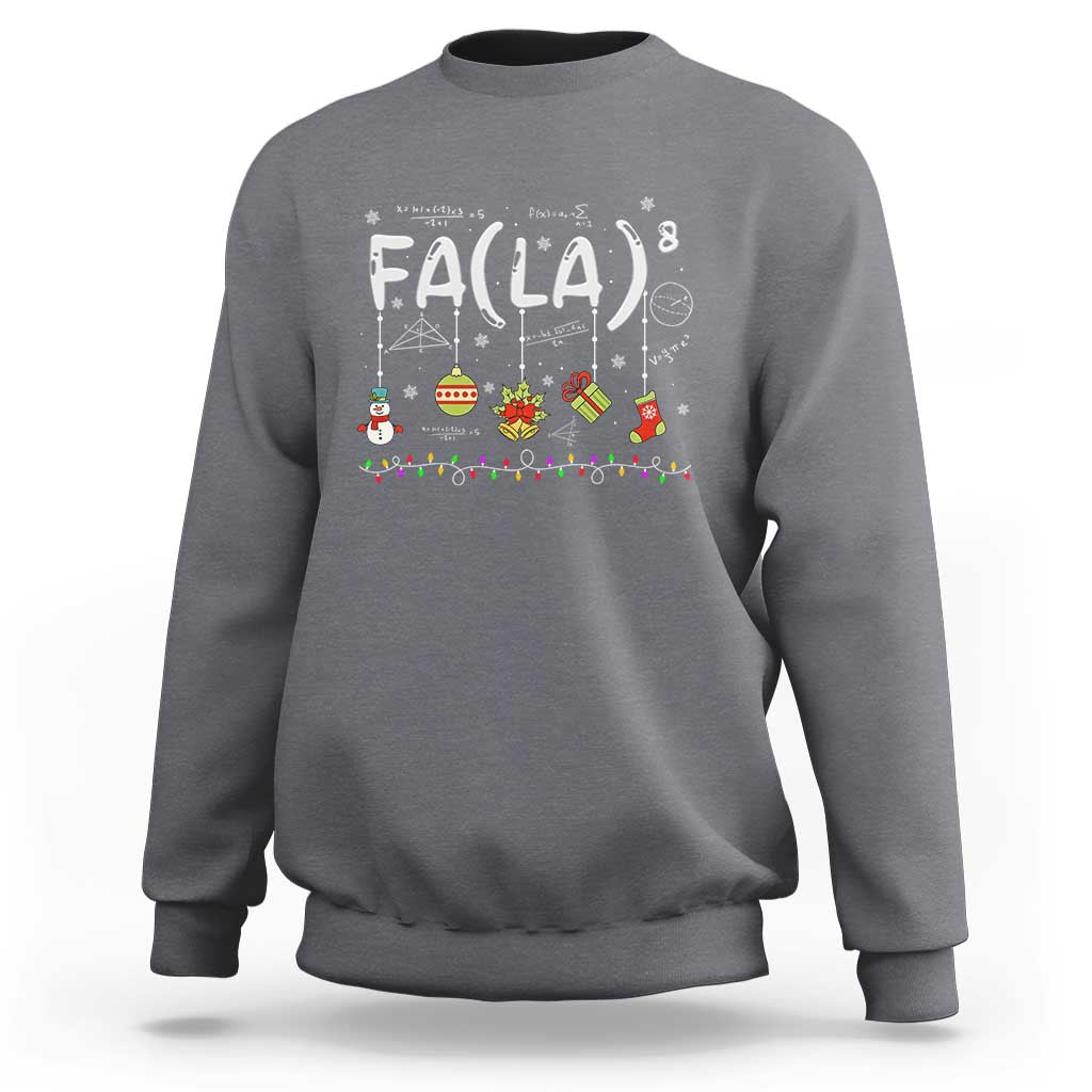 Heather gray sweatshirt with 'FA LA' Christmas math ornament graphic on chest