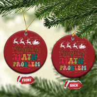 Two red round math Christmas ornaments: 'Sleighing Math Problem' front and back