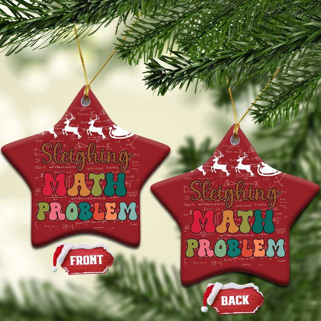 Two red star ornaments with 'Sleighing Math Problem' text and front/back tags