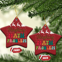 Two red star ornaments with 'Sleighing Math Problem' text and front/back tags