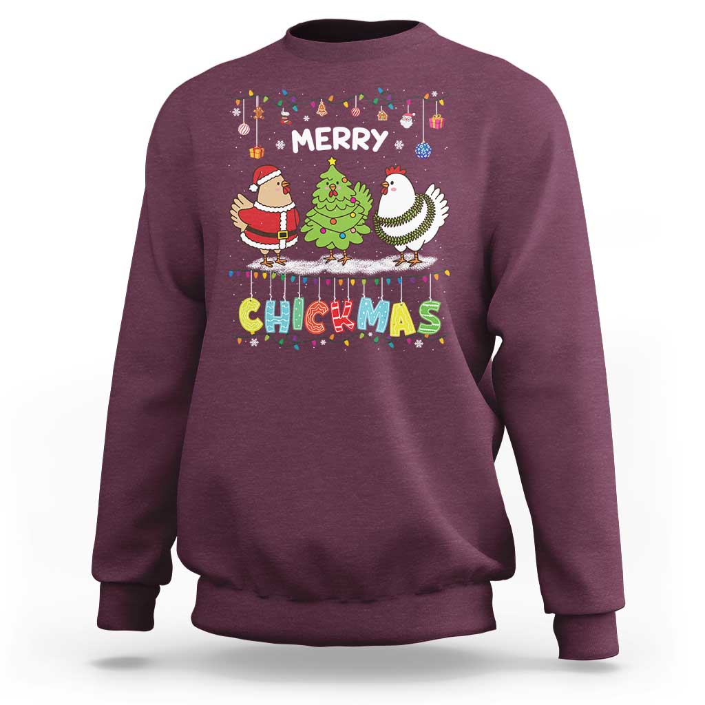 Christmas chickens sweatshirt, maroon, Merry Chickmas graphic
