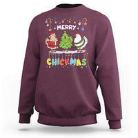 Christmas chickens sweatshirt, maroon, Merry Chickmas graphic