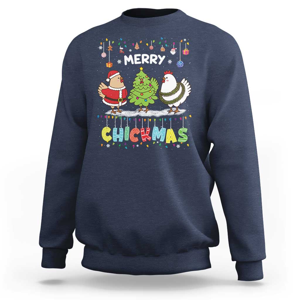 Christmas chickens sweatshirt, navy blue, Merry Chickmas graphic