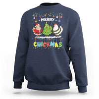 Christmas chickens sweatshirt, navy blue, Merry Chickmas graphic