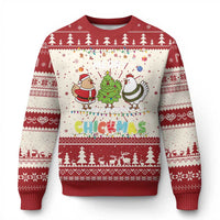 Red and cream Christmas ugly sweater with farm animals, trees, and 'Chickmas' print