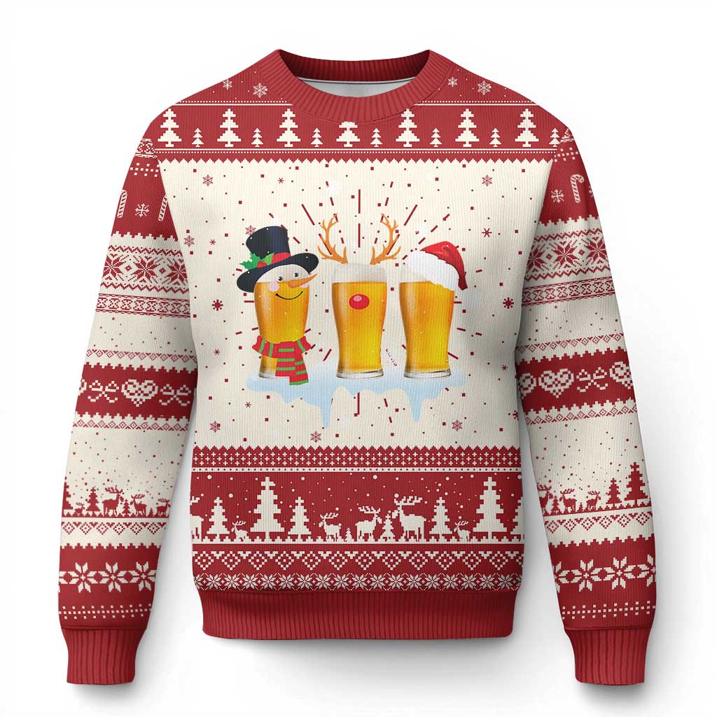 Red and cream ugly Christmas sweater with snowflake border and beer-and-reindeer graphic