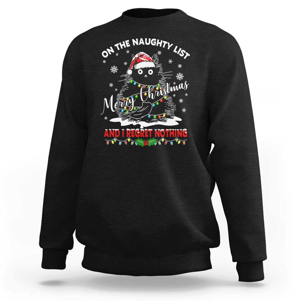 Black crewneck sweatshirt with cat Christmas graphic and 'naughty list' slogan