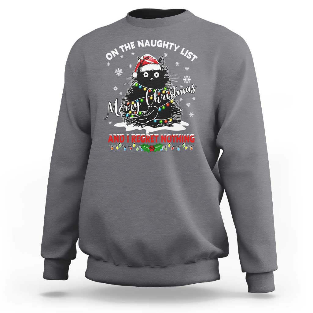 Charcoal gray crewneck sweatshirt with cat Christmas graphic and 'naughty list' text