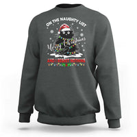 Dark heather crewneck sweatshirt with cat Christmas graphic and 'naughty list' text