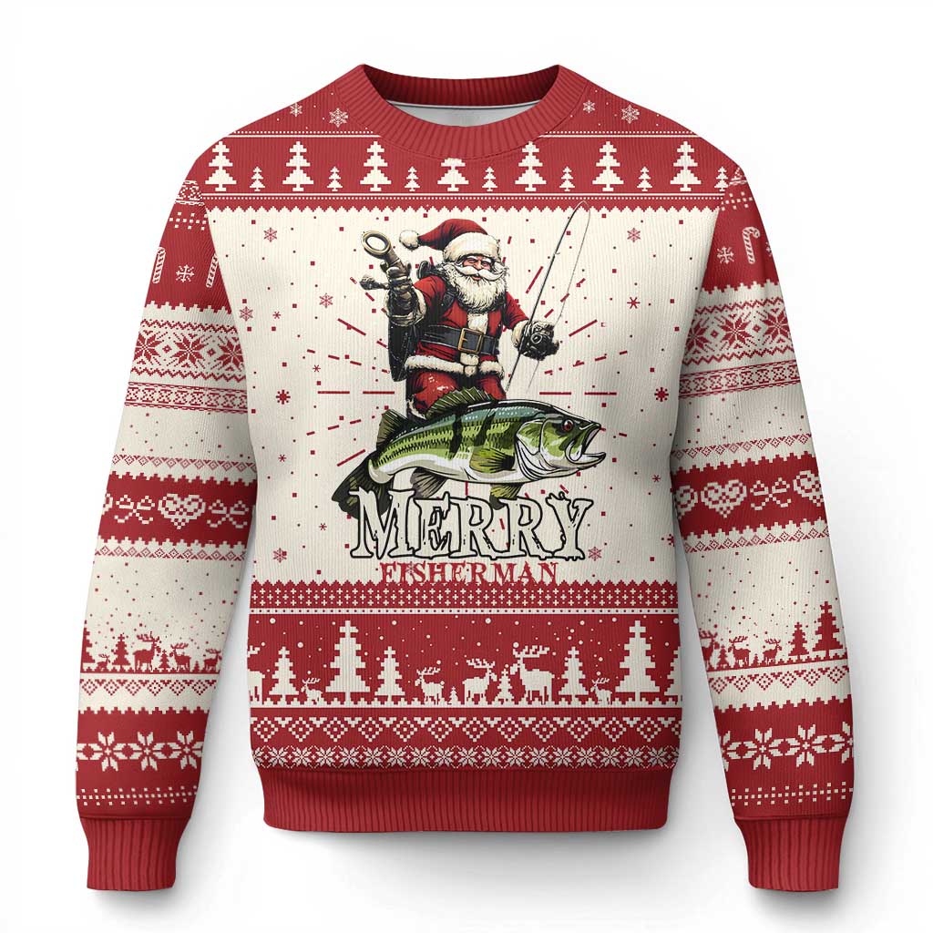 Ugly Christmas fishing sweater with Santa fisherman and “Merry” text, red and off-white