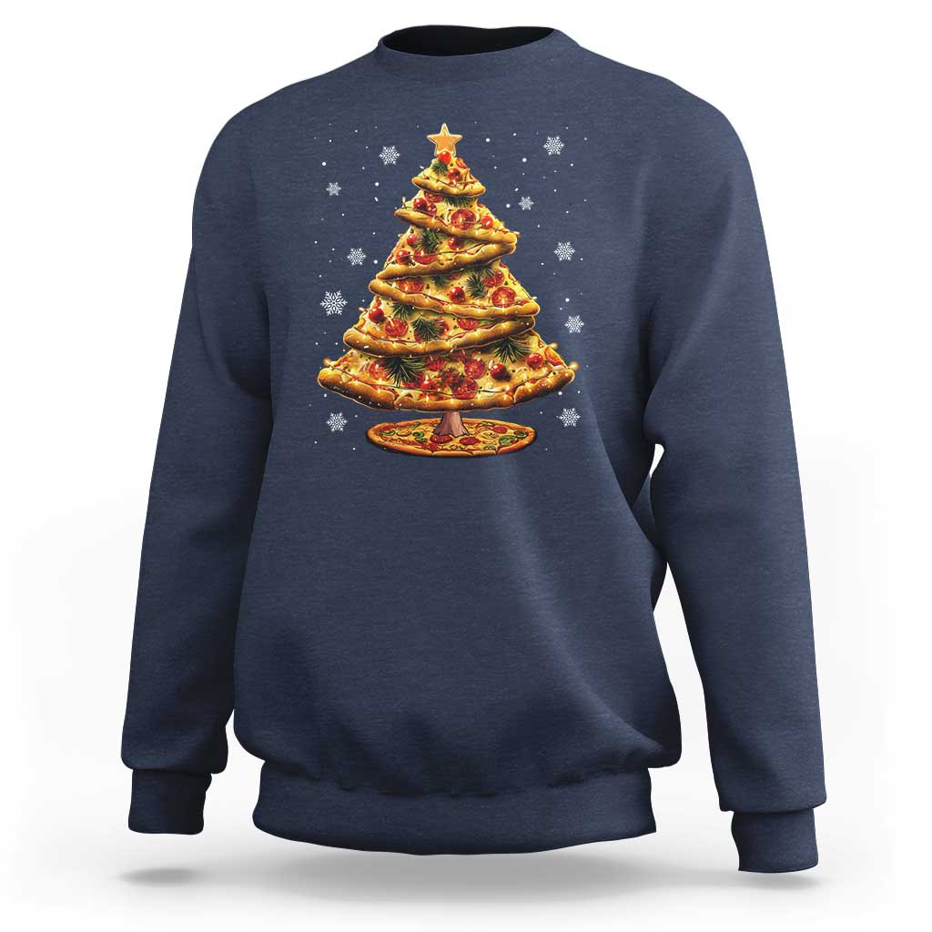 Kids Christmas sweatshirt in navy with pizza tree graphic, crewneck long sleeves