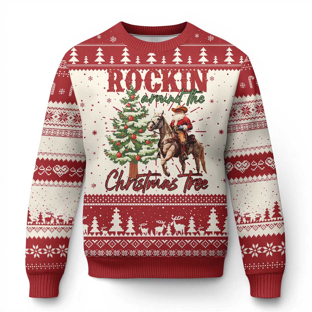 Red Christmas sweater with cowboy Santa on horseback and Christmas tree graphic, knit cuffs