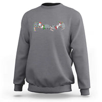 Charcoal gray crewneck opossum Christmas sweatshirt with colorful light garland graphic