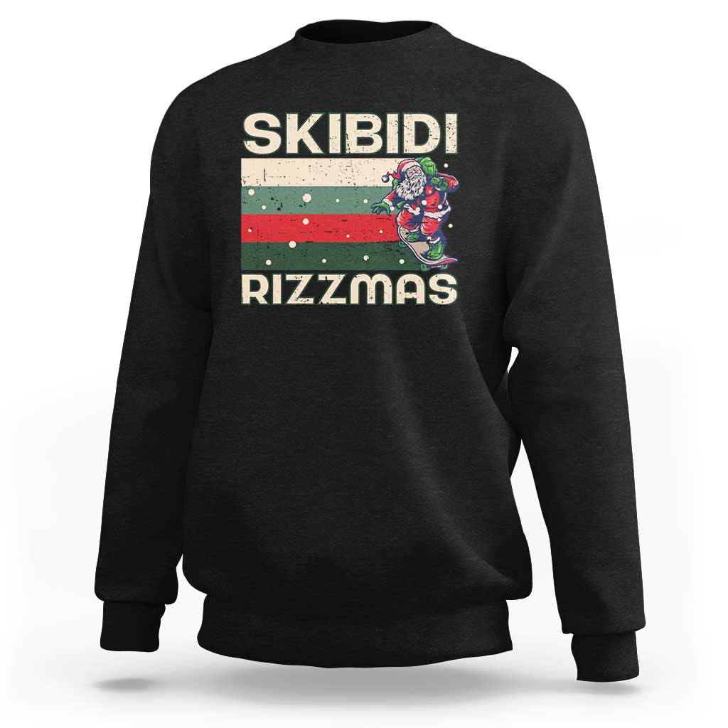 Black Christmas sweatshirt with 'SKIBIDI RIZZMAS' Santa skating graphic on front