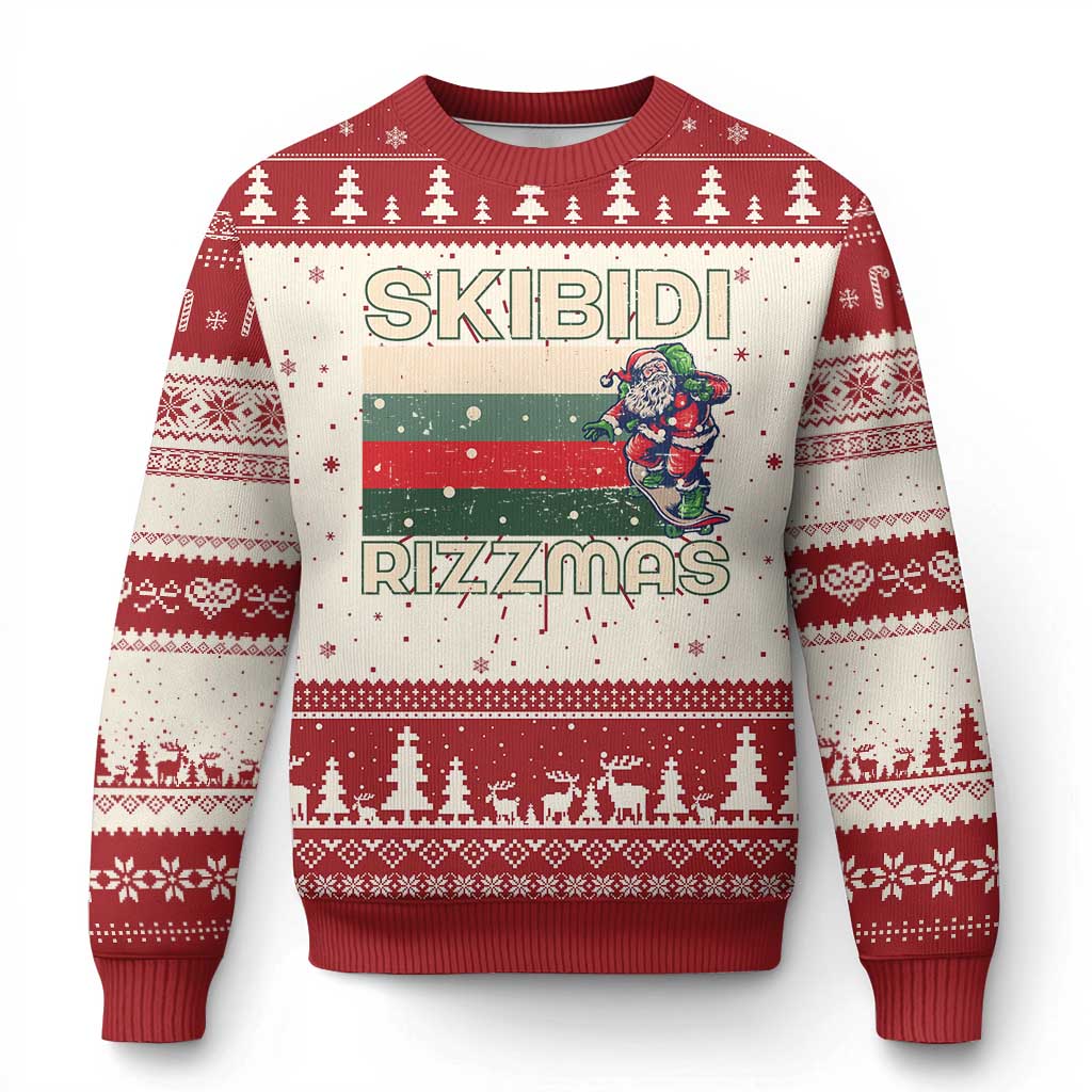 Red ugly Christmas sweater with SKIBIDI RIZZMAS graphic and festive stripe knit cuffs