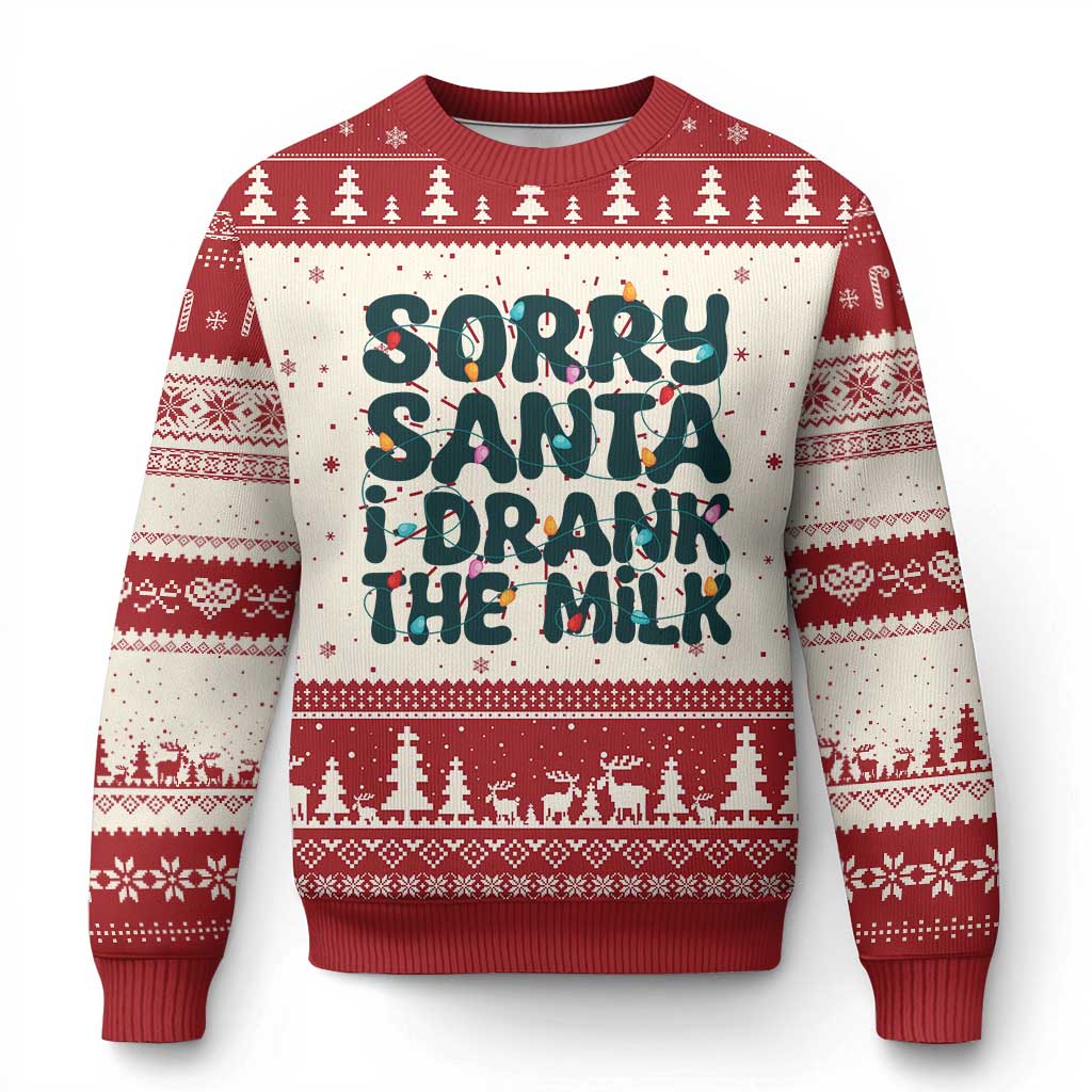 Red and cream Christmas sweater with 'Sorry Santa I drank the milk' text and knit patterns
