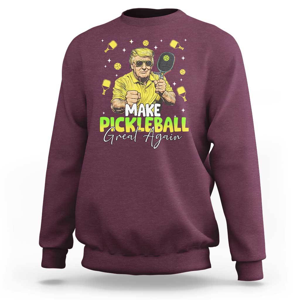 Maroon crewneck sweatshirt with "Make Pickleball Great Again" graphic