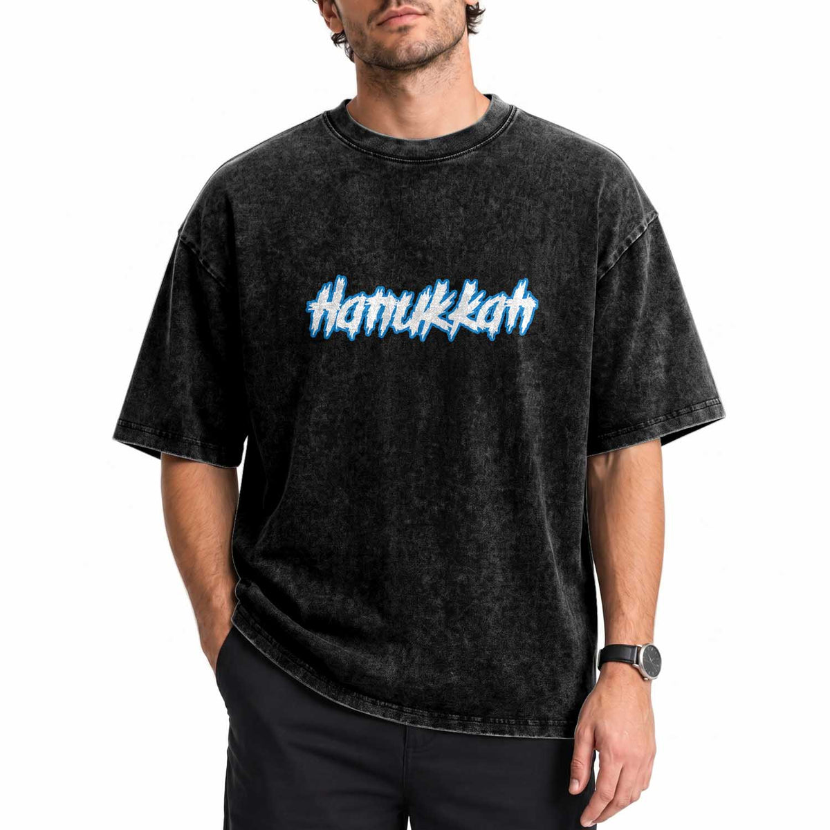 Hanukkah Heavy Metal Washed Cotton T-Shirt Jewish Menorah Dreidel