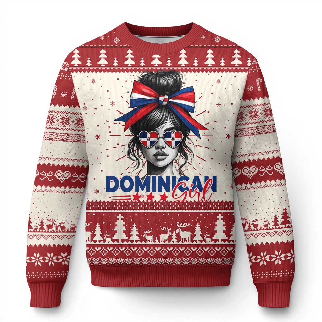 Dominican Girl Knitted Sweatshirt Messy Bun Caribbean Dominican Republic DR Flag - Wonder Print Shop