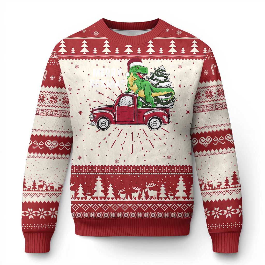 Red ugly Christmas sweater with dinosaur on a red truck and festive tree patterns