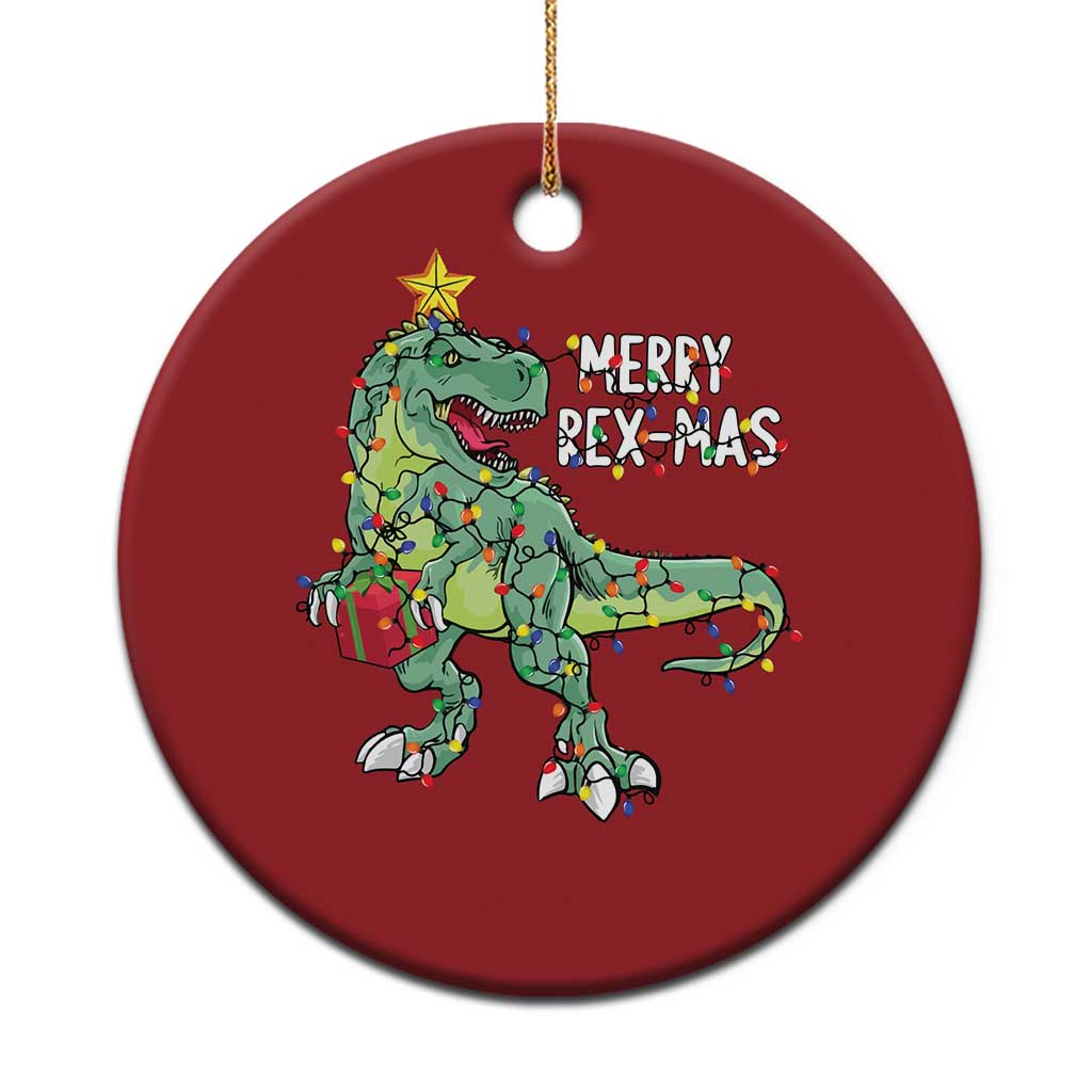 Red round dinosaur Christmas ornament with green rex and “Merry Rex-Mas” text, gold loop.