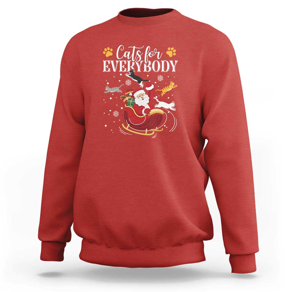 Red sweatshirt with cat-and-Santa graphic, crewneck and long sleeves