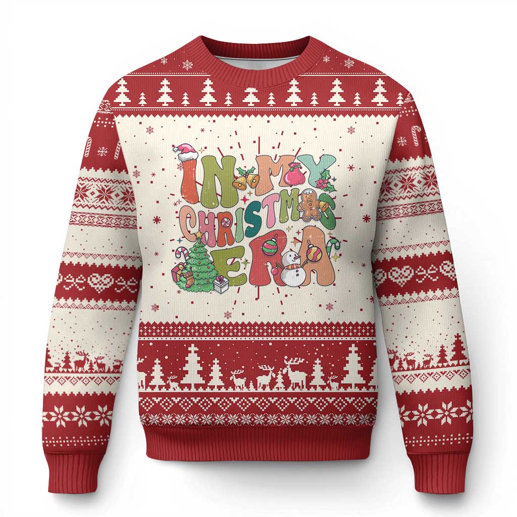 Red ugly Christmas sweater with cartoon “In My Xmas Era” text and tree pattern knit