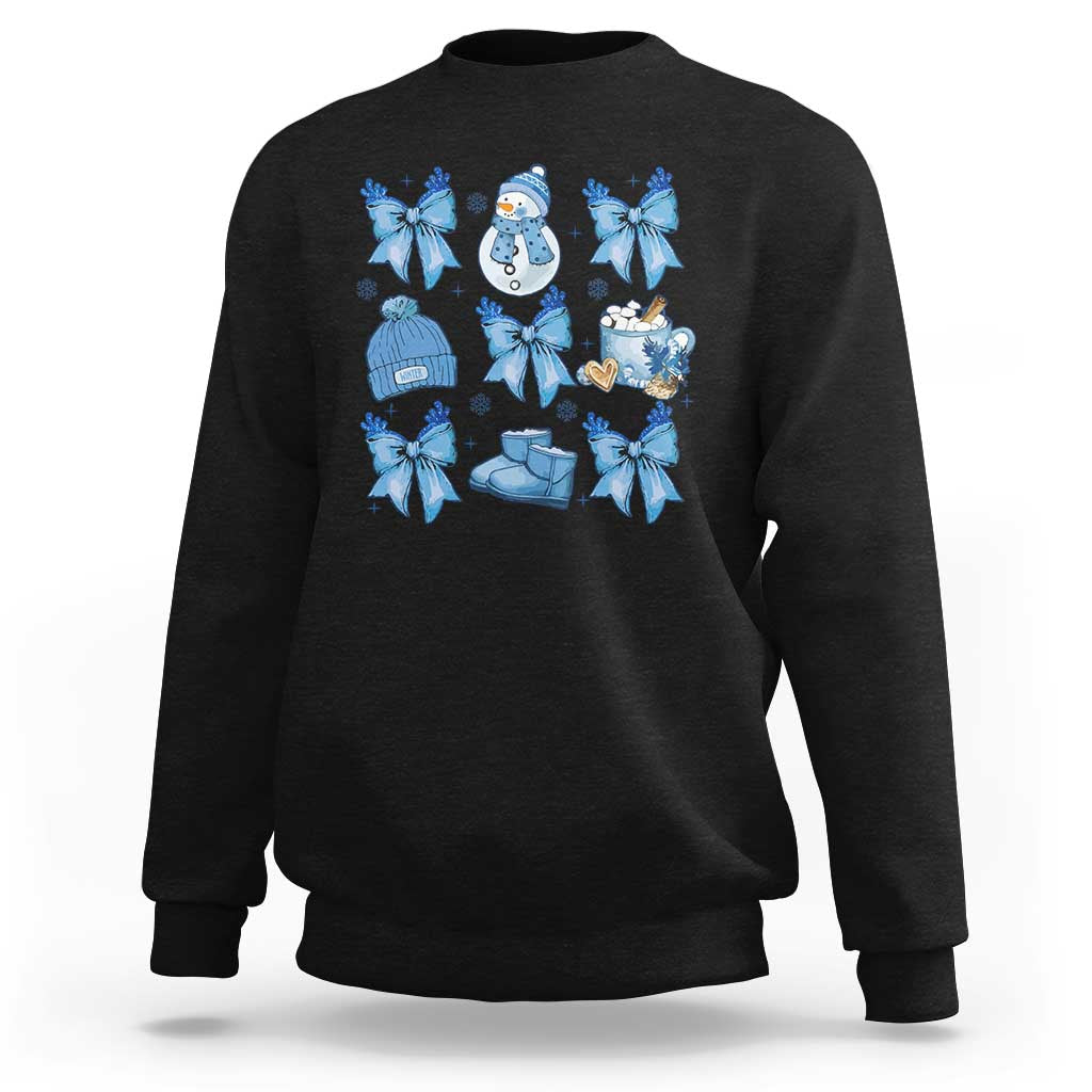 Black Christmas sweatshirt with blue bow snowman and gift graphic, crew neck