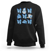 Black Christmas sweatshirt with blue bow snowman and gift graphic, crew neck