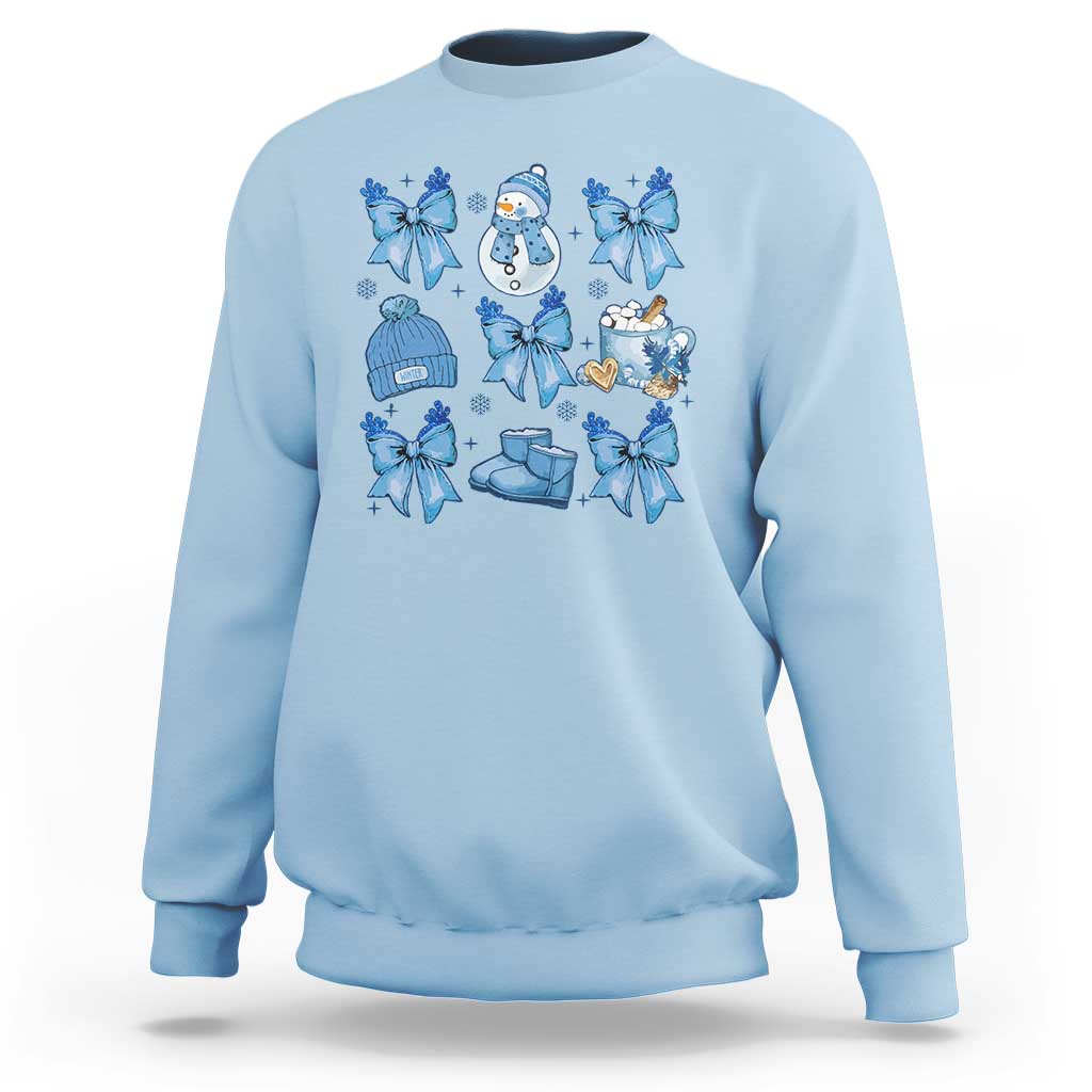 Light blue Christmas sweatshirt with blue bow snowman and gift graphic, crew neck