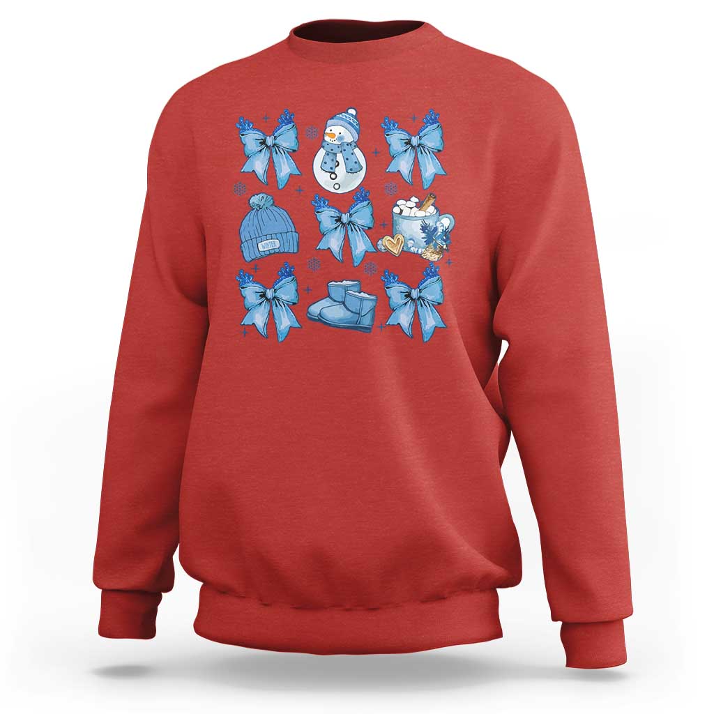 Red Christmas sweatshirt with blue bow snowman and gift graphic, crew neck