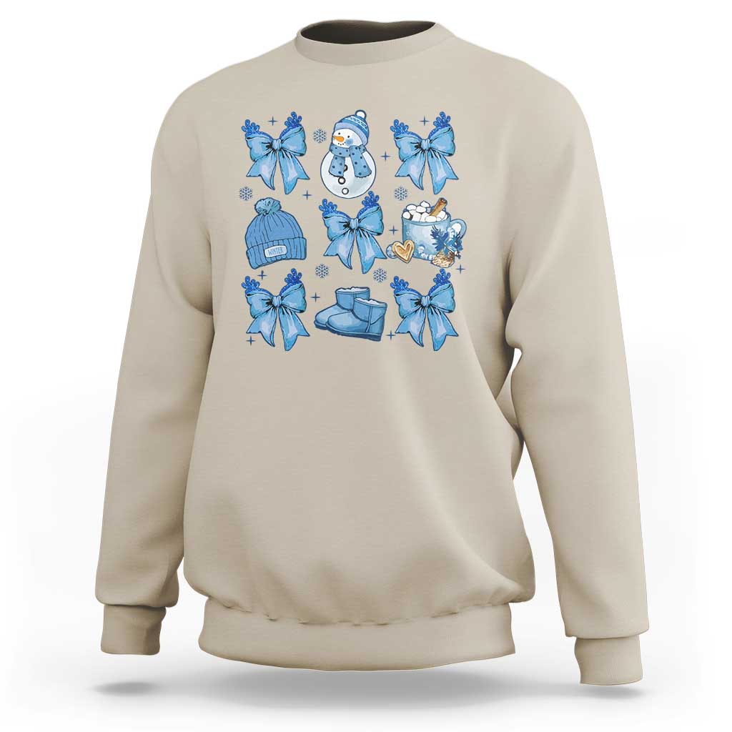 Sand Christmas sweatshirt with blue bow snowman and gift graphic, crew neck